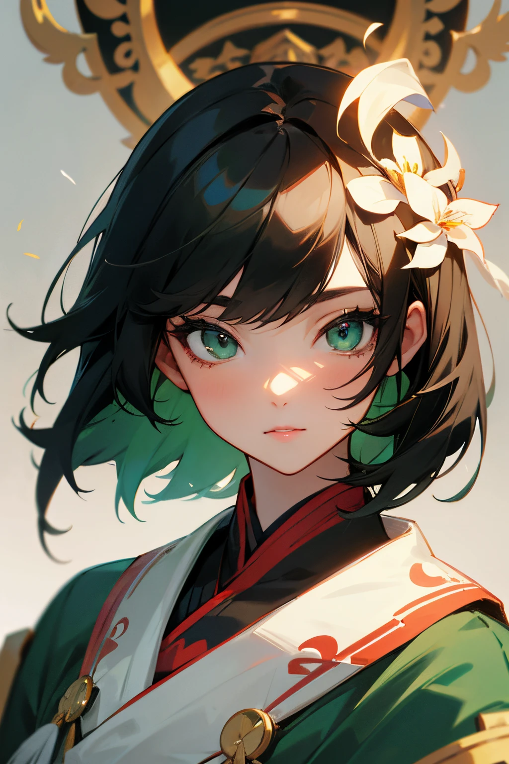 a girl with medium hair, green and black hair, looking forward, beautiful face, masterpiece, best quality, asian clothing, korean girl, green eyes, masterpiece, portrait