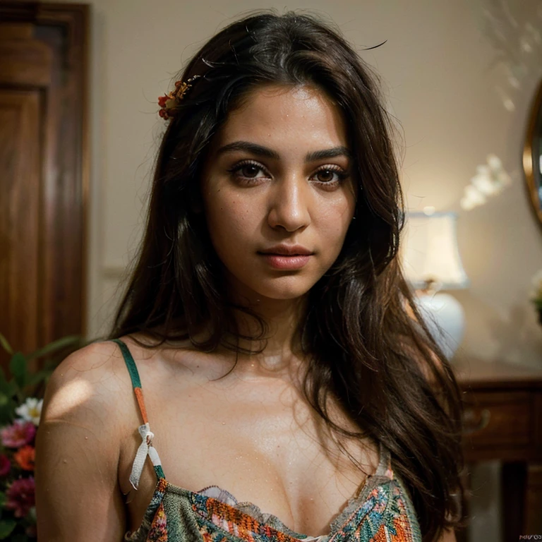 (Best quality, Ultra-detailed, Masterpiece:1.5), Photorealistic photograph of a beautiful pakistani woman. The woman should have a flawless, highly detailed face (Highly Detailed Skin) with soft, luminous skin. Her long hair should be naturally brown and stylishly arranged. (Perfect Eyes:1.2). The scene should be rendered in muted, warm colors. The photography should feature high-quality film grain (ISO 400, 30mm lens RAW f1.8 aperture, highly detailed) to create the impression of analog photography (Analog Photography:1) with HDR colors. She is wearing an orange sundress