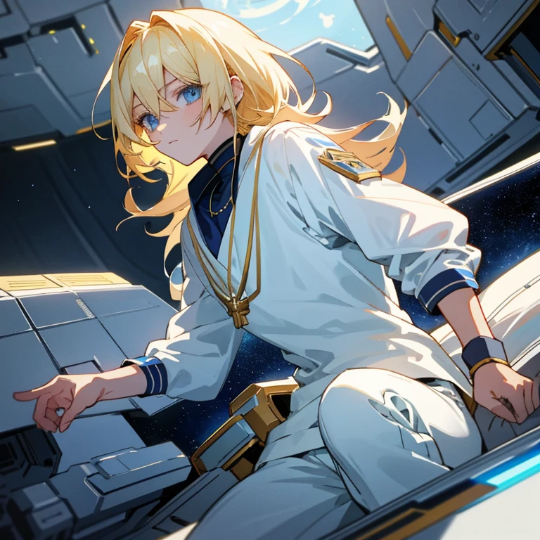Young blonde anime, aesthetic body, dark blue eyes, with white clothes with blue details, on a spaceship, with golden necklace