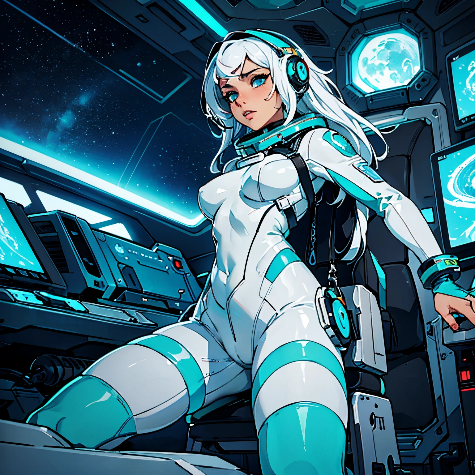 Masterpiece, high quality, submissive, tentacles, spaceship, white hair, space suit, turquoise, tight, sexual pleasure, orgasm, tied