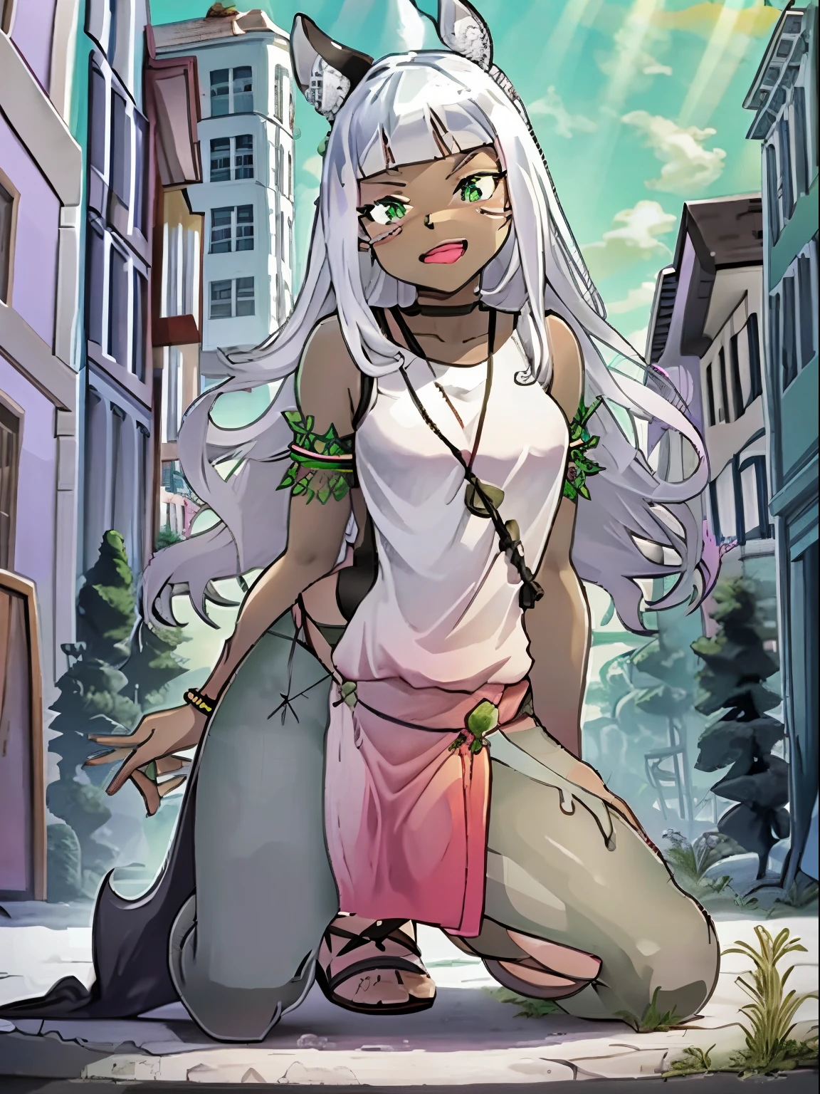 Ochette, dark skin, white hair, green eyes, giantess, huge, 70 ft tall, cute, full body, best quality, pink dress, metal bracelets, larger than buildings, flat ground, street, ground visible, black jeans, adorable, kind, gentle, empty hands, small build, slim, curious, detailed mouth, size difference, kneeling, sandals, tiny city