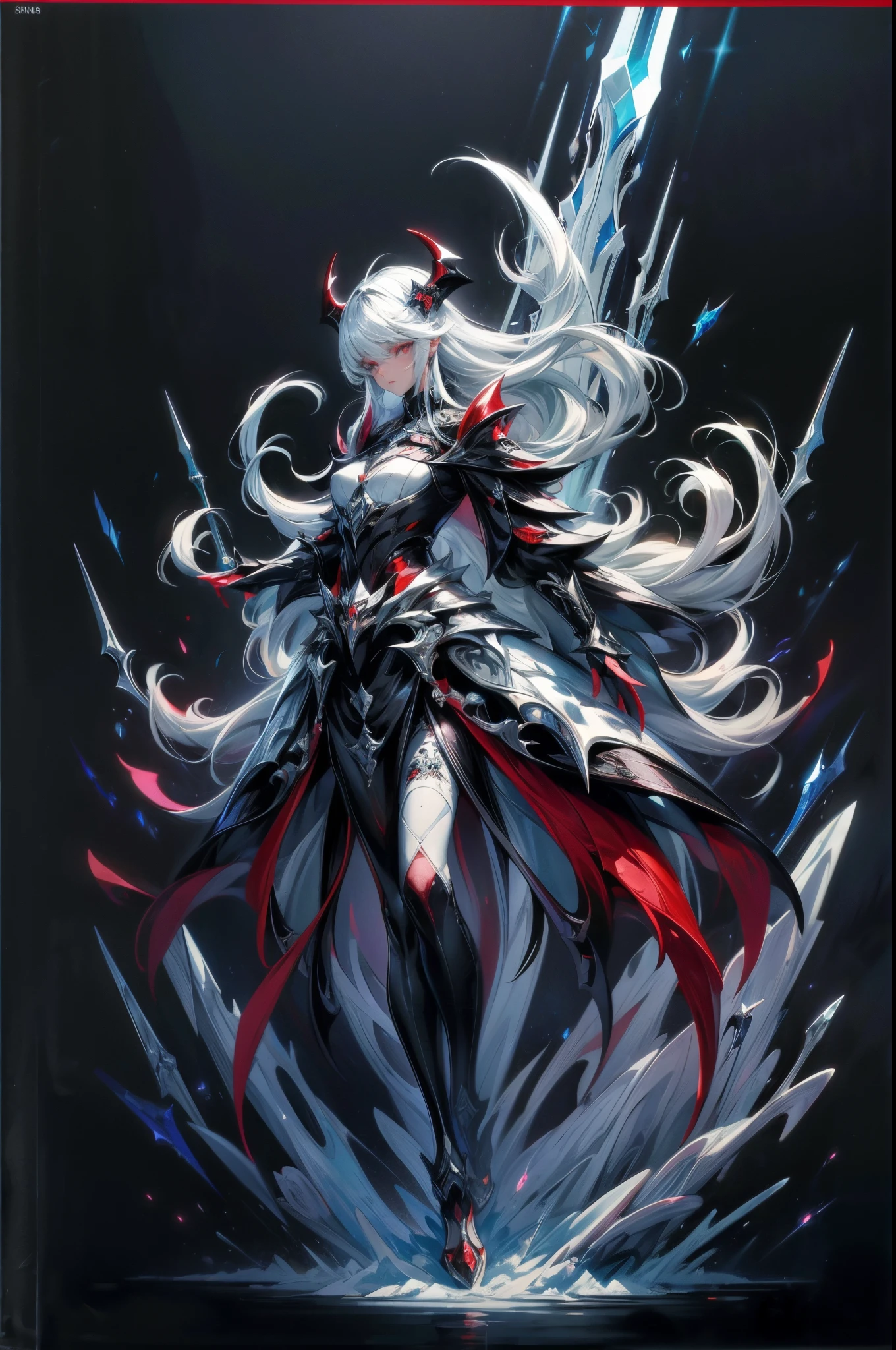 full body picture Unreal Engine 5 8K UHD of beautiful demon women, white short hair, demon, fantasy world, shiny black armor with red details, gold accessories, purple demon eyes, black high heels, gold earrings, holding a whip, devil horn, black long glove with arm cuffs and red details, black smoke on left hand, demon wings, best quality, masterpiece