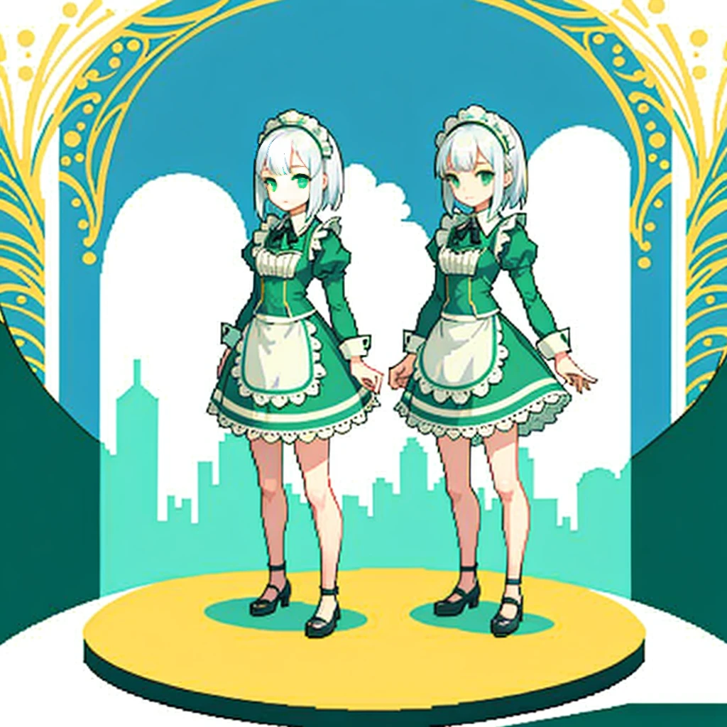 1girl, full body, white hair, green eyes, blue maid dress