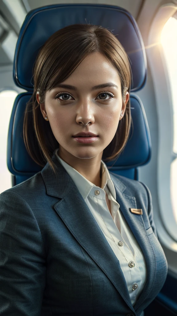 best quality,(RAW photo:1.2),(masterpiece:1.4),(photorealistic:1.4),(highres:1.4), 1girl, depth of field, flight attendant, intricately detailed,8k, extremely detailed, perfect lighting, epic background