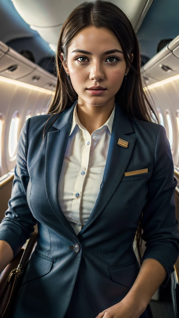 best quality,(RAW photo:1.2),(masterpiece:1.4),(photorealistic:1.4),(highres:1.4), 1girl, depth of field, flight attendant, intricately detailed,8k, extremely detailed, perfect lighting, epic background