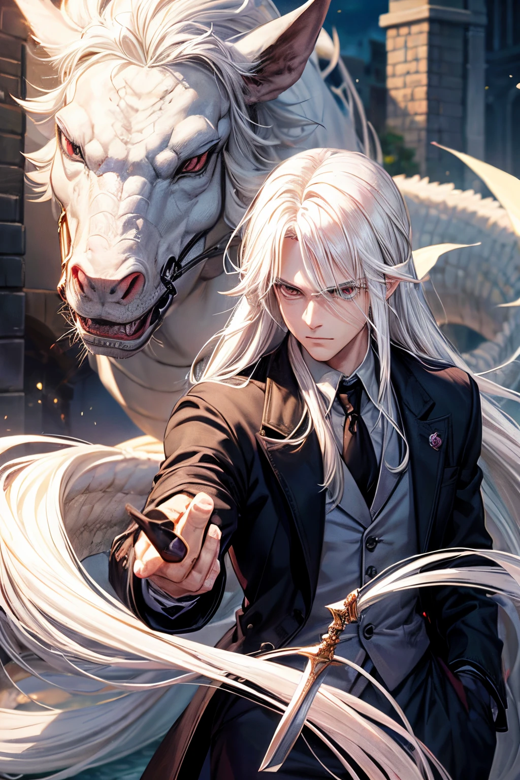 Mafia man, white hair, long rapunzel, clear eyes, small nose, weapons in his hands, with a dragon in the background