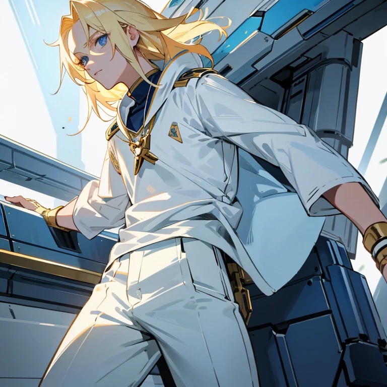 Young blonde anime, aesthetic body, dark blue eyes, with white clothes with blue details, on a spaceship, with golden necklace, fighting aliens, bloodshed, machine gun,
