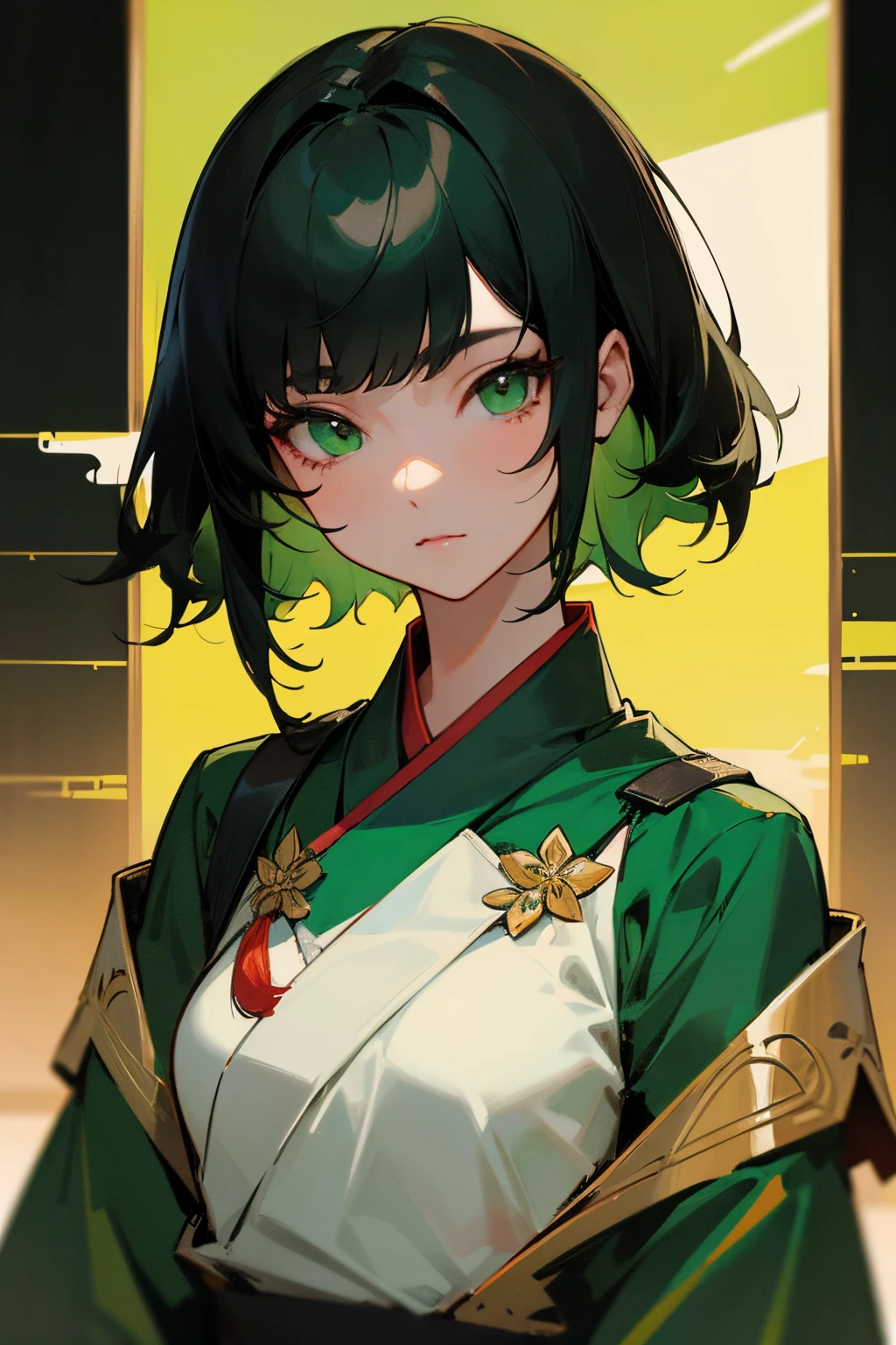 a girl with medium hair, green and black hair, looking forward, beautiful face, masterpiece, best quality, asian clothing, korean girl, green eyes, masterpiece, portrait