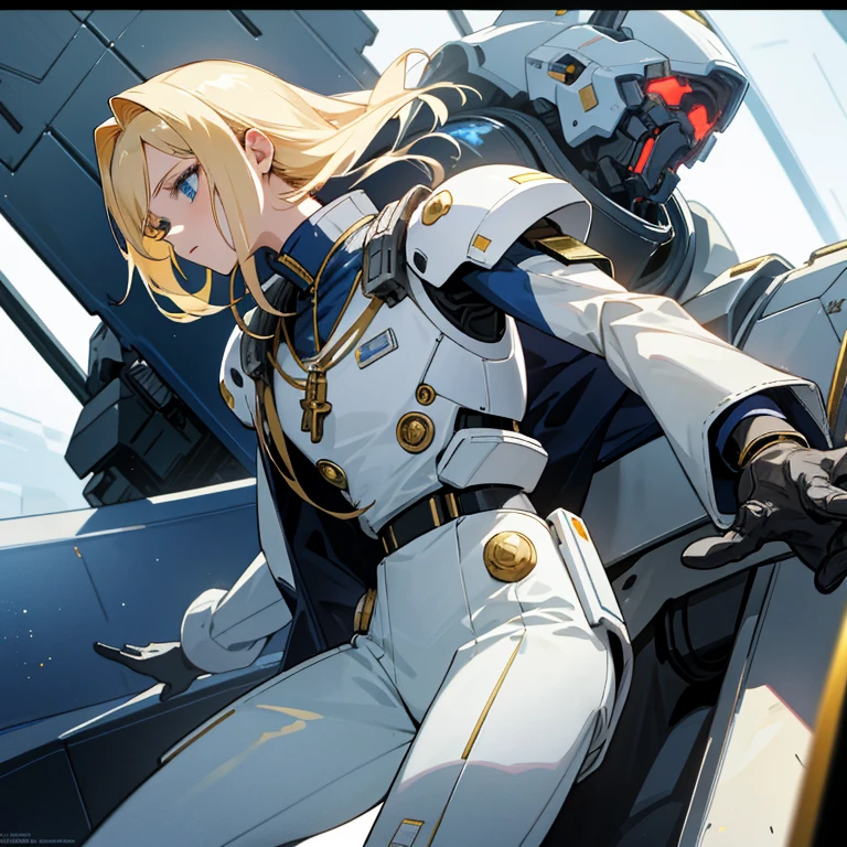 Young blonde anime, aesthetic body, dark blue eyes, with white clothes with blue details, on a spaceship, with golden necklace, fighting aliens, bloodshed, machine gun, mech suit, black aliens, slimy aliens,