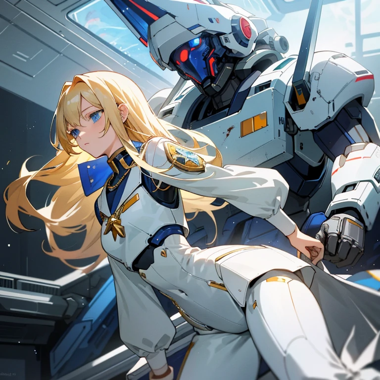 Young blonde anime, aesthetic body, dark blue eyes, with white clothes with blue details, on a spaceship, with golden necklace, fighting aliens, bloodshed, machine gun, mech suit, black aliens, slimy aliens,