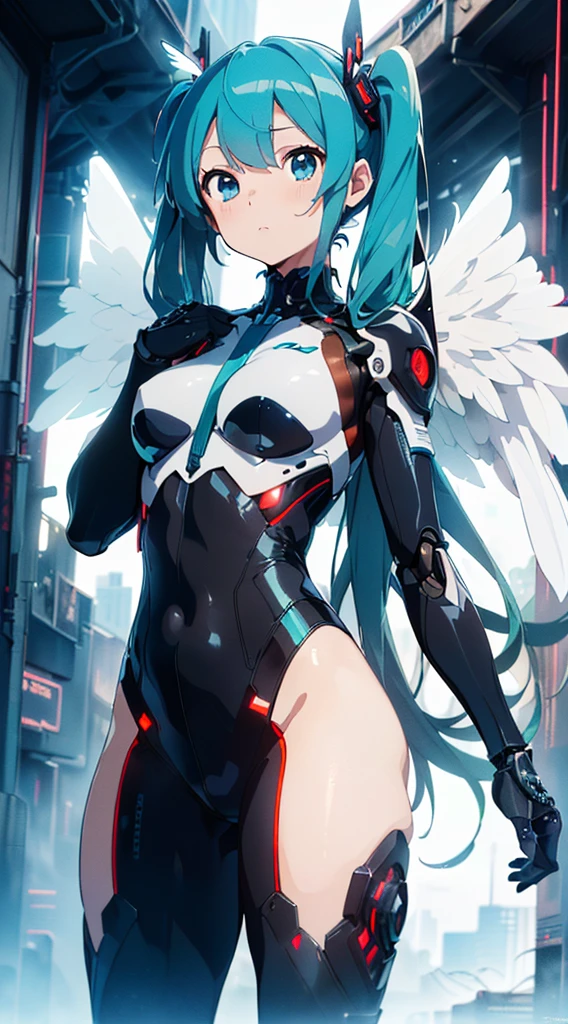 ((((masterpiece, high quality, very_high_resolution, anime colored, Elaborate design, visual art, high quality)))), (((hatunemiku VOCALOID))), twintail, turquoise hair, mecha, 1girl, cyberpunk, realistic, mechanical parts, ((((Angel wings)))), powerd suit, robot joints, headgear, full armor, high heels, armor color((((white)))), beautiful art,