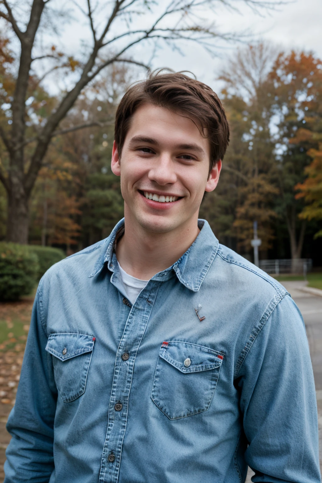 Pale White north american male, darkbrown hair, posing blue jeans red flannel shirt, daytime, portrait picture, grin, textured skin, super detail, best quality