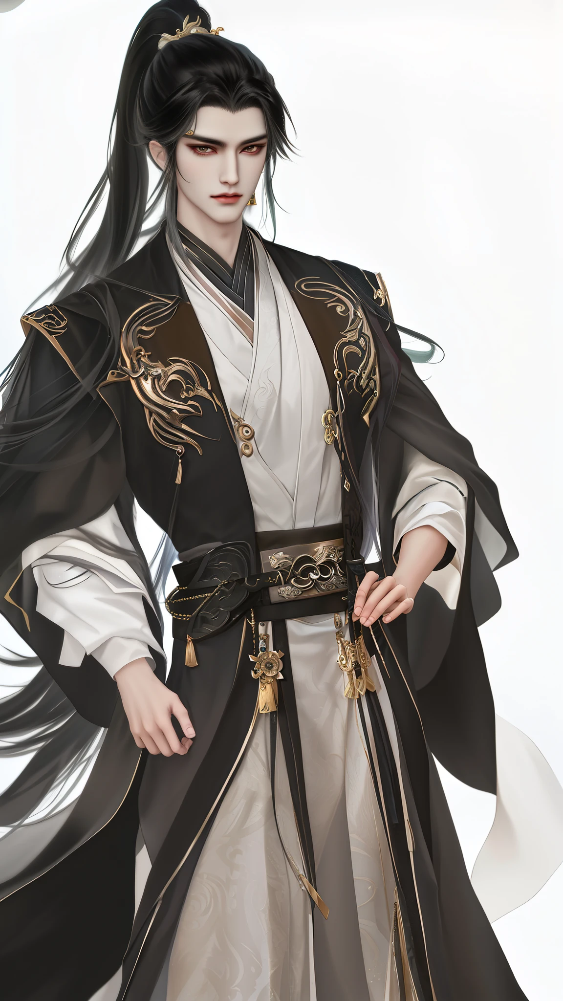 man wearing brown and white clothes, Wallpapers，high ponytails，heise jinyao, The exquisite prince,xianxia， Inspired by Bian Shoumin, inspired by Guan Daosheng, full body xianxia, Beautiful prince, inspired by Zhang Han, inspired by Zhao Yuan,, flowing hair and long robes, （longer sleeves：1.2），Black narrow cuffs，Cuff design，robe，zhao yun, xianxia hero，white backgrounid，Eye focus，a sharp gaze，A high resolution，tmasterpiece，Best quality，32K,fix the hand，