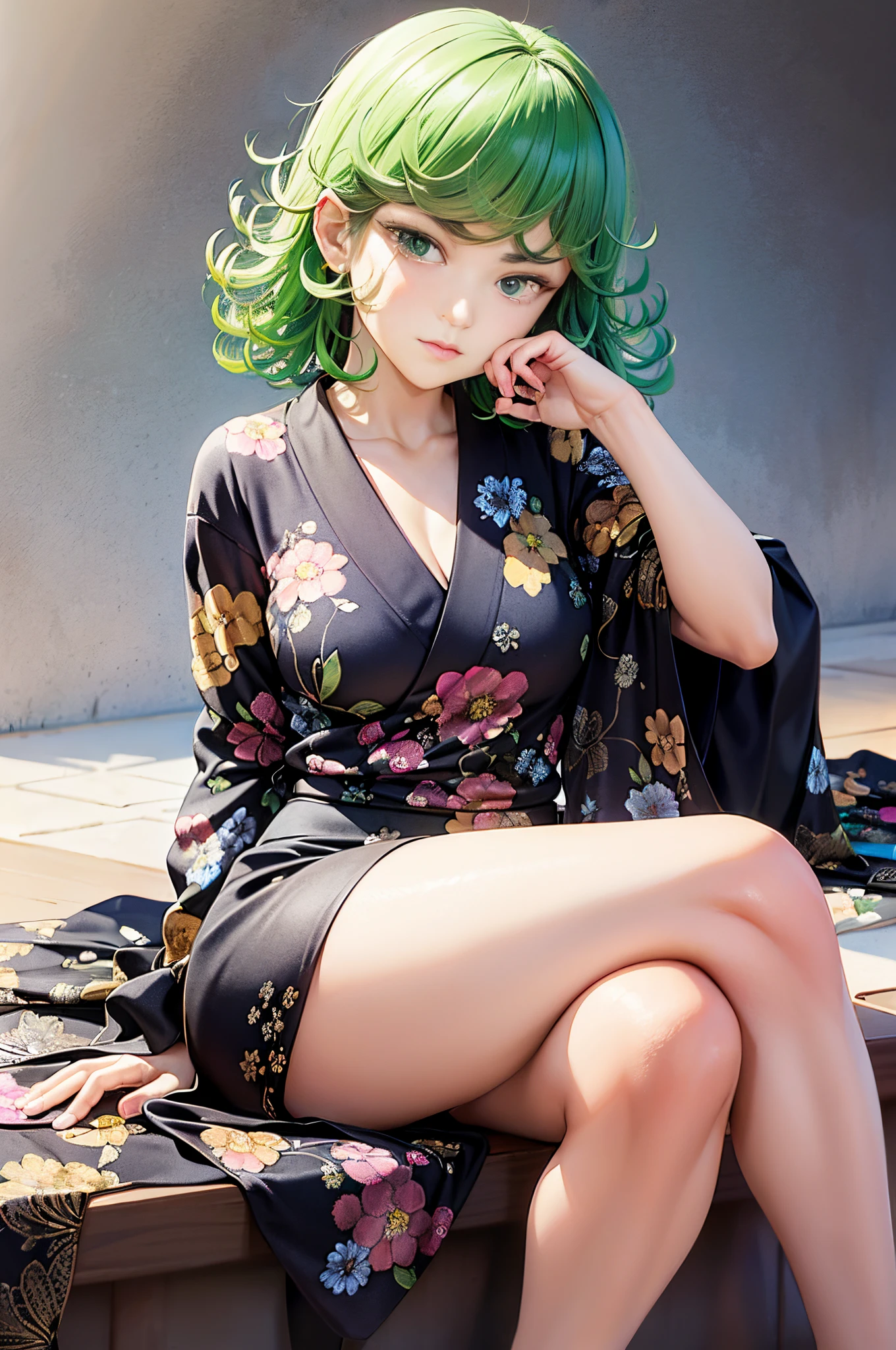 (Masterpiece, Best Quality:1.2), 独奏, 1girl, tatsumaki, unamused, closed mouth, looking a viewer, hand on our face, sitting, Short black kimono ,big thighs,crossing leg