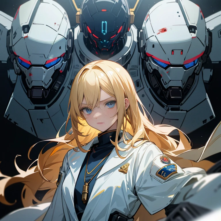 Young blonde anime, aesthetic body, dark blue eyes, with white clothes with blue details, on a spaceship, with golden necklace, fighting aliens, bloodshed, machine gun, mech suit, black aliens, slimy aliens, scowl, dark ominous vibe,