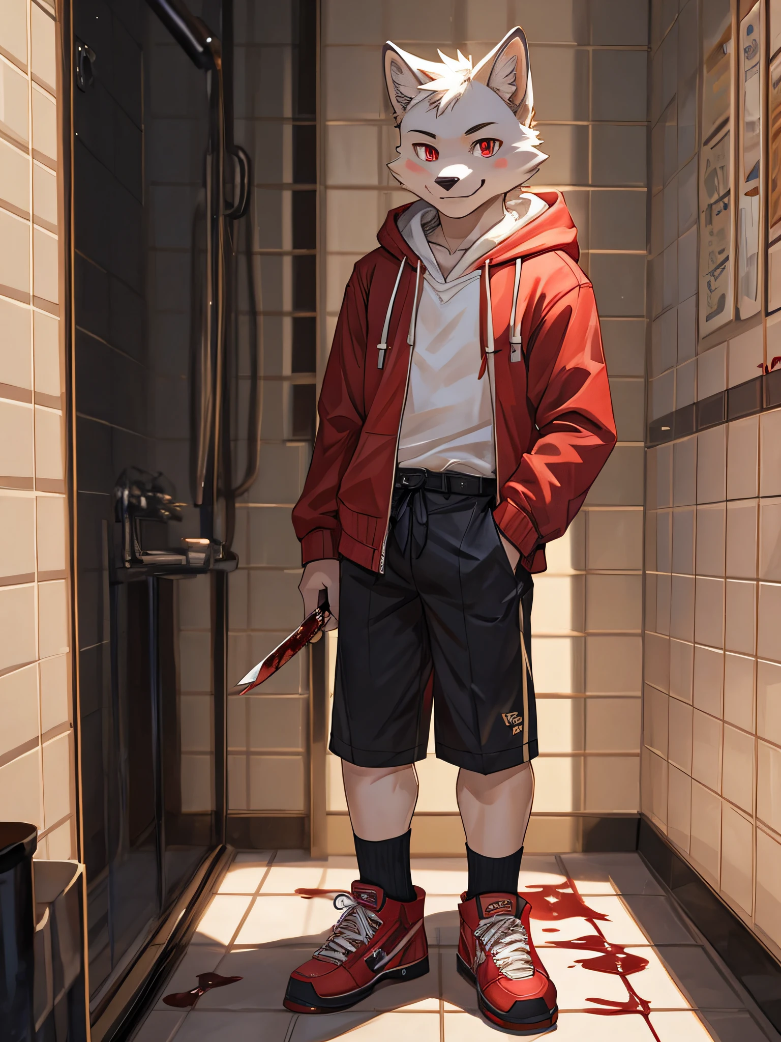 furry,bara,Shota,white fur wolf,Crimson eyes,Wearing a pink hoodie..,black shorts,fashion shoes,Standing in a bathroom covered in blood stains,He stood and licked the knife that had blood stains on it..,straight-looking at viewer,There are blood stains all over the body..,Happy smiley faces,The color tone of the picture is gloomy and scary..