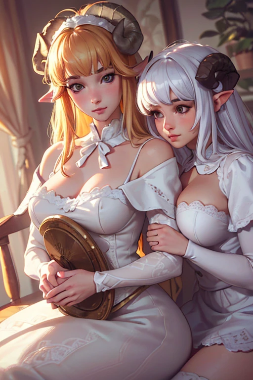 (best quality, high resolution, 4k, master part:1.2), ultra-detalhado, Realistic:1.37, Foto RAW, fotorrealista, Four semi-human Pegoraro girls together, white sheep hair, sheep horns, pretty, wearing princess clothes, Dutch angle, detailed art. (sfw), cores vibrantes, soft lighting