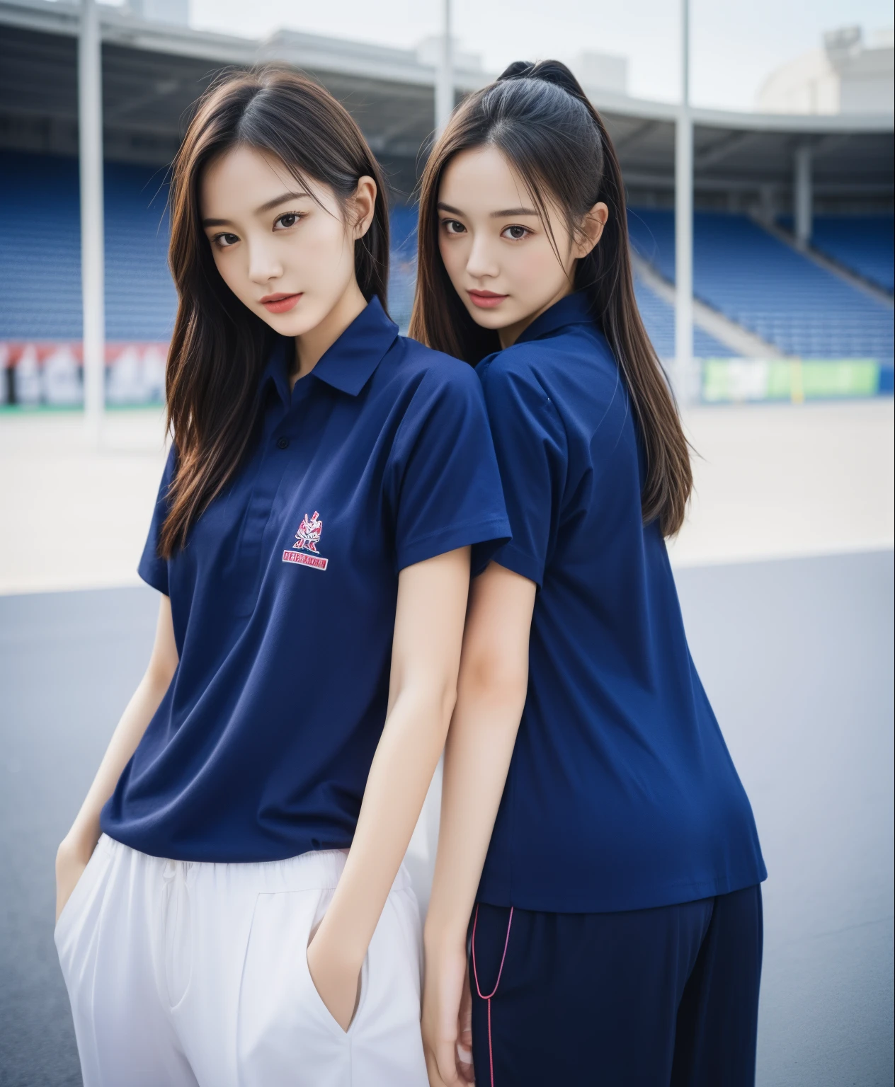 (bestquality,10,10,highres,masterpiece:1.2),ultra-detail,(Realistic,photorealistic portrait,photo-realistic:1.37),1 Cute girl in the football field,oily shiny skin,bara,light smile,BDclothelue shirt:1.3)),short sleeves,shirt, trousers.,(navy_long_Pants Track:1.1), ((Stadium Background:1.3)),dynamic angle,excited,face focus,Dynamic Poses,from behide,Ass Focus,masterpiece, bestquality, ultra realistic, hyper-detail, 8k resolution, RAW photo, crisp focus, ((Navy blue shirt:1.1)), short sleeves, Long Path, Perfect body, 2 mature women, 18yo, cinematic light,Blue sweatpants,Gymware,Correct anatomy,Complete body, Correct body, sharp face, Anatomically correct body, full entire body, Realistic gestures, long-haired, Realistic poses,Wear long shorts........................................,Long leg span,Shapely,Sculpting Girl, Slender Figure, mannequin mannequins, Shapely, Beautiful body,Blue sweatpants, Two girls kissing
