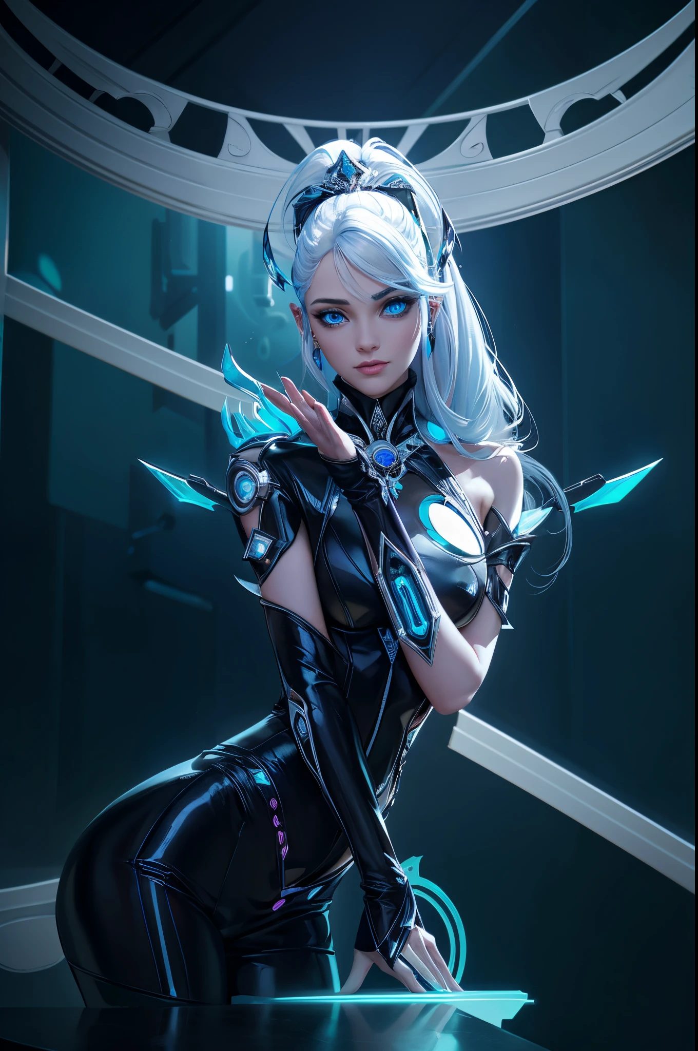 My friends, let me paint for you a vivid picture of a fantastically beautiful girl from the future, a vision that embodies the essence of cyberpunk, technology, and biopunk. Close your eyes and let your imagination run wild as I describe this mesmerizing cyber oracle., In this futuristic world, technological progress has seamlessly merged with the human form, giving rise to a breathtaking display of artistry and innovation. Our cyber oracle is the true embodiment of this harmonious fusion., Her porcelain skin glows with a subtle light, a testament to the complex network of bioluminescent implants that leave graceful patterns on her body. These delicate lines of light shimmer and dance, revealing a breathtaking symphony of colors that shift and change in harmony with her emotions., Her eyes, the windows of her cybernetic soul, sparkle with an otherworldly glow. Tiny diodes flicker in the iris, emitting a mesmerizingly beautiful glow that captivates everyone who meets its gaze. They hold wi, white hair, light blue hair, mini top hat, hairclip, hair ornament, Gothic art, diffraction spikes, three sided view, fake scrollbar, Surrealism, high detail, Futurism, modern, modern, Gothic art, cinematic lighting, textured skin, super detail, high details, award winning, 8k, masterpiece, 8k, best quality, highres, award winning, high quality, super detail, anatomically correct, ccurate, retina, masterpiece