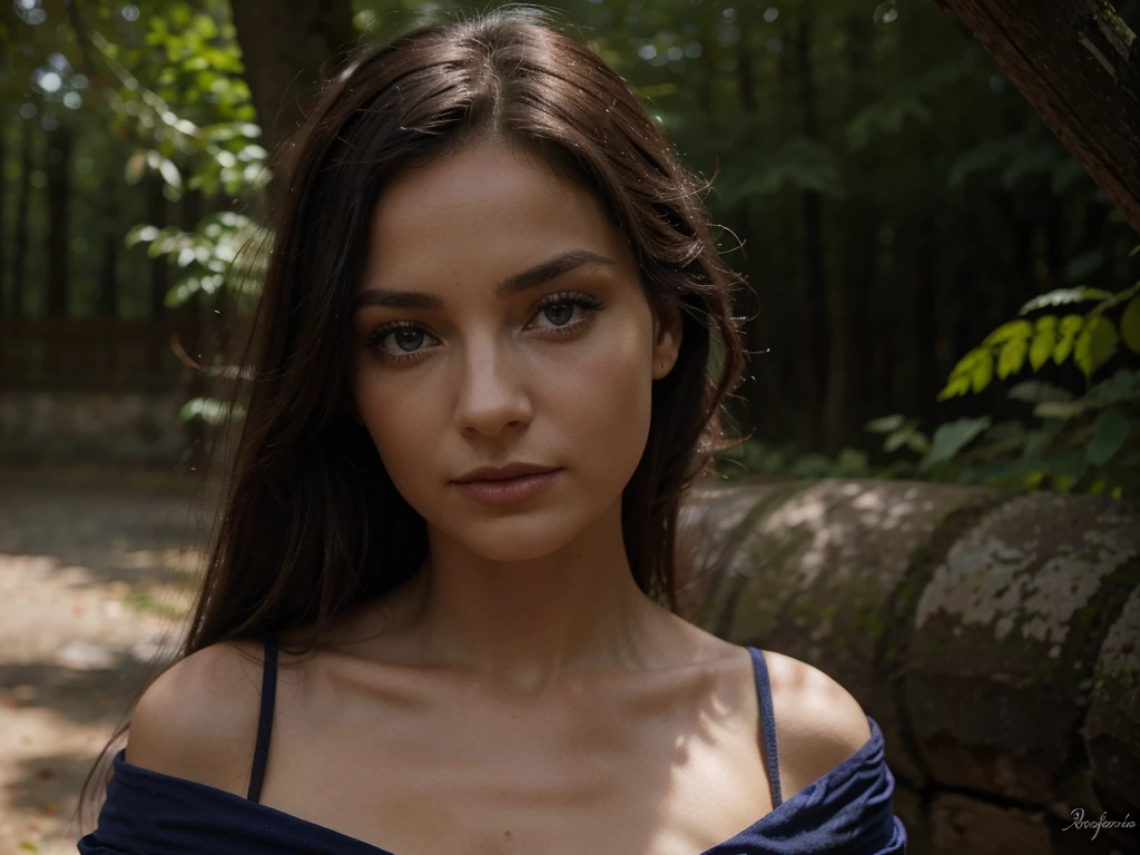 Femme à la peau noire aux yeux bleus intense, portant une robe rouge, avec un fond de nature et de beaucoup de végétation