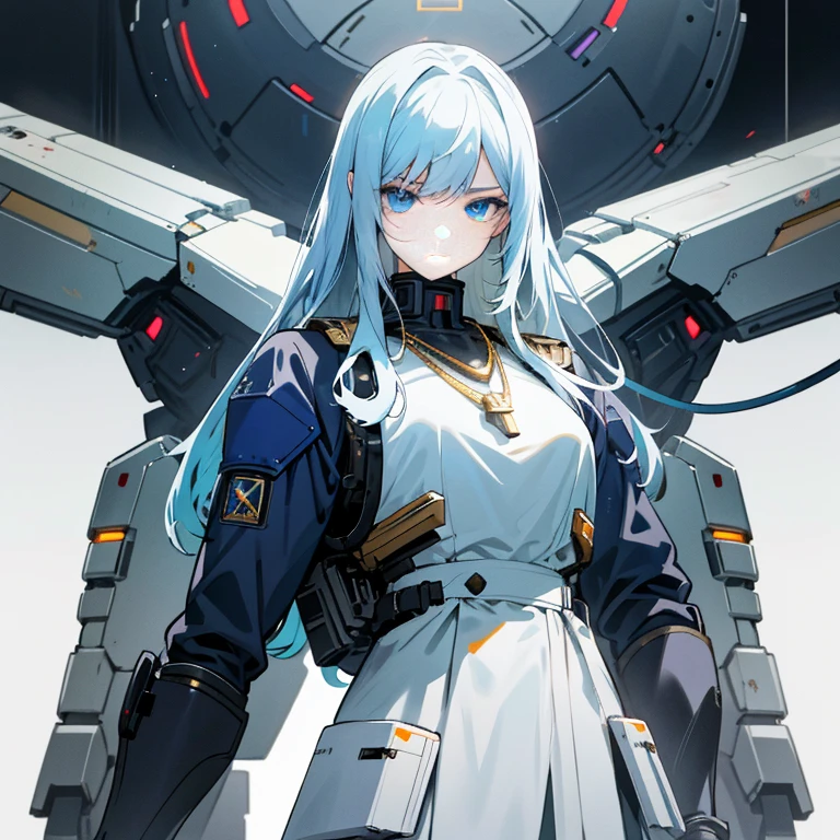 Young  anime, aesthetic body, dark blue eyes, with white clothes with blue details, on a spaceship, with golden necklace, fighting aliens, bloodshed, machine gun, mech suit, black aliens, slimy aliens, scowl, dark ominous vibe,