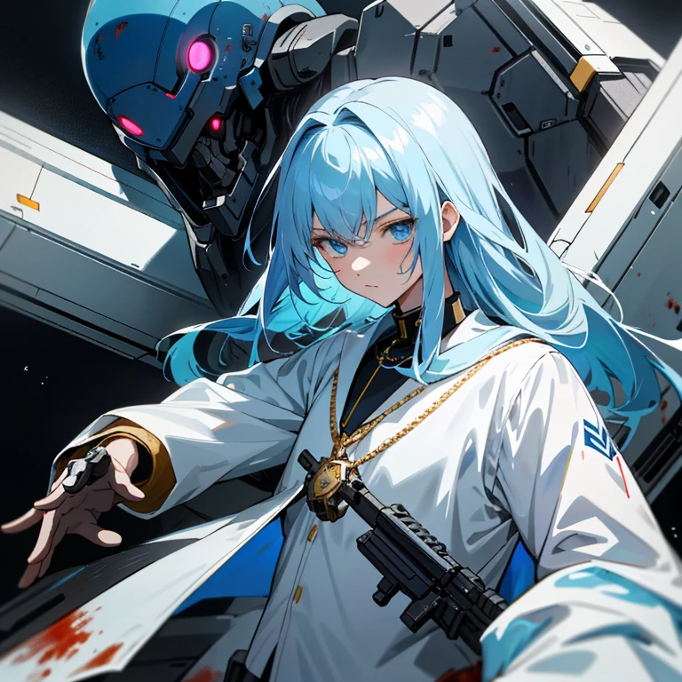 Young  anime, aesthetic body, dark blue eyes, with white clothes with blue details, on a spaceship, with golden necklace, fighting aliens, bloodshed, machine gun, mech suit, black aliens, slimy aliens, scowl, dark ominous vibe,