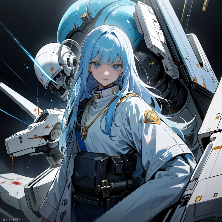 Young  anime, aesthetic body, dark blue eyes, with white clothes with blue details, on a spaceship, with golden necklace, fighting aliens, bloodshed, machine gun, mech suit, black aliens, slimy aliens, scowl, dark ominous vibe,