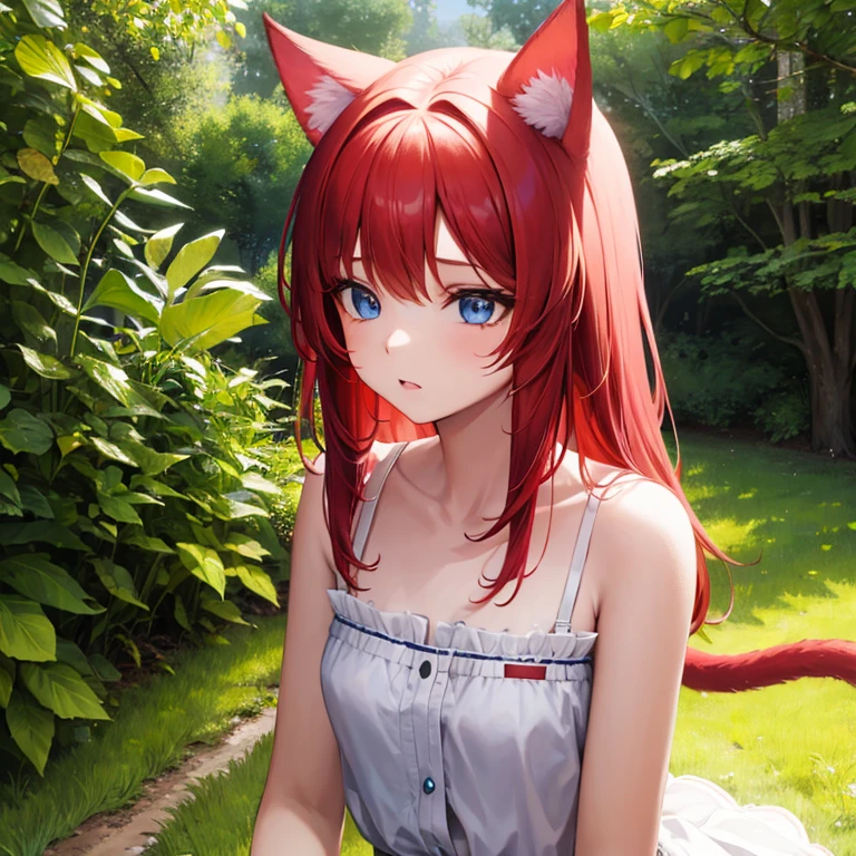 a young 11 year old girl with red hair, cat ears and tail, blue eyes, sweet, cute, petite, quiet, shy