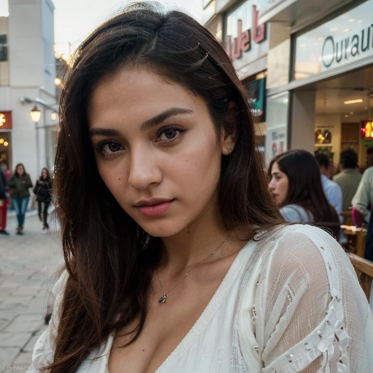 (Best quality, Ultra-detailed, Masterpiece:1.5), Photorealistic photograph of a beautiful pakistani woman at a shopping mall. The woman should have a flawless, highly detailed face (Highly Detailed Skin) with soft, luminous skin. Her long hair should be naturally brown and stylishly arranged. (Perfect Eyes:1.2). The scene should be rendered in muted, warm colors. The photography should feature high-quality film grain (ISO 400, 30mm lens RAW f1.8 aperture, highly detailed) to create the impression of analog photography (Analog Photography:1) with HDR colors. She is wearing stylish clothing