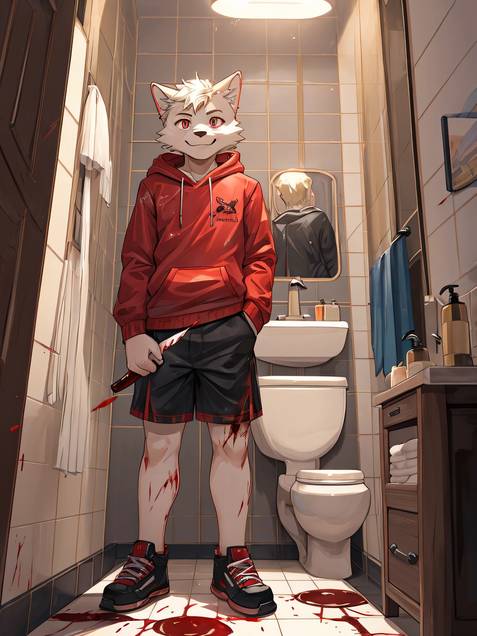 furry,bara,Shota,white fur wolf,Crimson eyes,Wearing a pink hoodie..,black shorts,fashion shoes,(((Standing in the bathroom, there were blood stains all over the room..))),(((He stood and licked the knife that had blood stains on it..))),straight-looking at viewer,There are blood stains all over the body..,Happy smiley faces,The color tone of the picture is gloomy and scary..