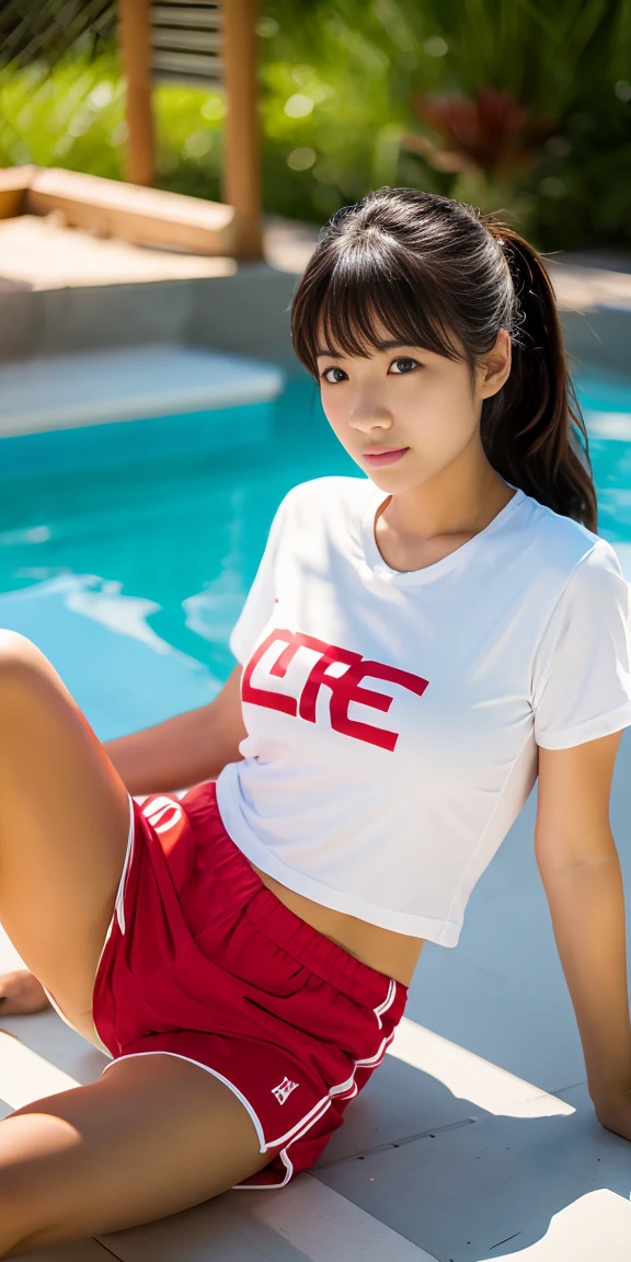 (Asian girl as a lifeguard, sitting in the sun, lifeguard tower, plain white shirt, red shorts), 8k, depth of field, volumetric haze, global illumination, dynamic lighting, best illumination, volumetric lighting, ultra highres, 8k, realistic, photorealism, photorealistic, hyperrealism, photon mapping, physically-based rendering,Wlop