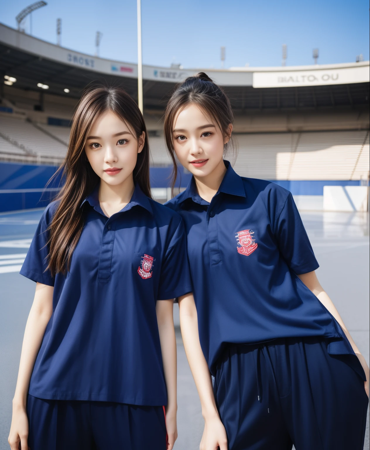 (bestquality,10,10,highres,masterpiece:1.2),ultra-detail,(Realistic,photorealistic portrait,photo-realistic:1.37),1 Cute girl in the football field,oily shiny skin,bara,light smile,BDclothelue shirt:1.3)),short sleeves,shirt, trousers.,(navy_long_Pants Track:1.1), ((Stadium Background:1.3)),dynamic angle,excited,face focus,Dynamic Poses,from behide,Ass Focus,masterpiece, bestquality, ultra realistic, hyper-detail, 8k resolution, RAW photo, crisp focus, ((Navy blue shirt:1.1)), short sleeves, Long Path, Perfect body, 2 mature women, 18yo, cinematic light,Blue sweatpants,Gymware,Correct anatomy,Complete body, Correct body, sharp face, Anatomically correct body, full entire body, Realistic gestures, long-haired, Realistic poses,Wear long shorts................................,Long leg span,Shapely,Sculpting Girl, Slender Figure, mannequin mannequins, Shapely, Beautiful body,Blue sweatpants, Two girls kissing