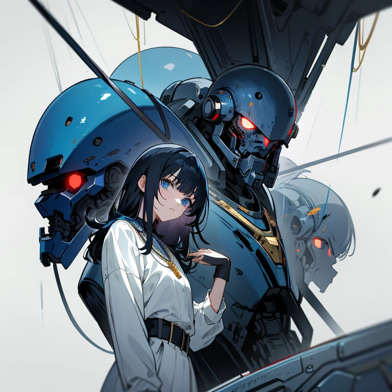 Young anime, aesthetic body, dark blue eyes, black hair, hair like night, eyes like the ocean, with white clothes with blue details, on a spaceship, with golden necklace, fighting aliens, bloodshed, machine gun, mech suit, black aliens, slimy aliens, scowl, dark ominous vibe,