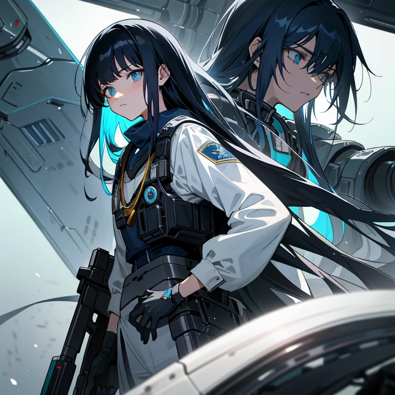 Young anime, aesthetic body, dark blue eyes, black hair, hair like night, eyes like the ocean, with white clothes with blue details, on a spaceship, with golden necklace, fighting aliens, bloodshed, machine gun, mech suit, black aliens, slimy aliens, scowl, dark ominous vibe,