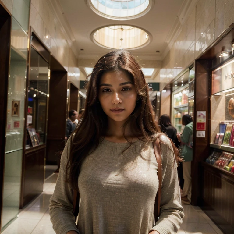 (Best quality, Ultra-detailed, Masterpiece:1.5), Photorealistic photograph of a beautiful pakistani woman at a shopping mall. The woman should have a flawless, highly detailed face (Highly Detailed Skin) with soft, luminous skin. Her long hair should be naturally brown and stylishly arranged. (Perfect Eyes:1.2). The scene should be rendered in muted, warm colors. The photography should feature high-quality film grain (ISO 400, 30mm lens RAW f1.8 aperture, highly detailed) to create the impression of analog photography (Analog Photography:1) with HDR colors. She is wearing stylish clothing. Her expression is happy, she is smiling