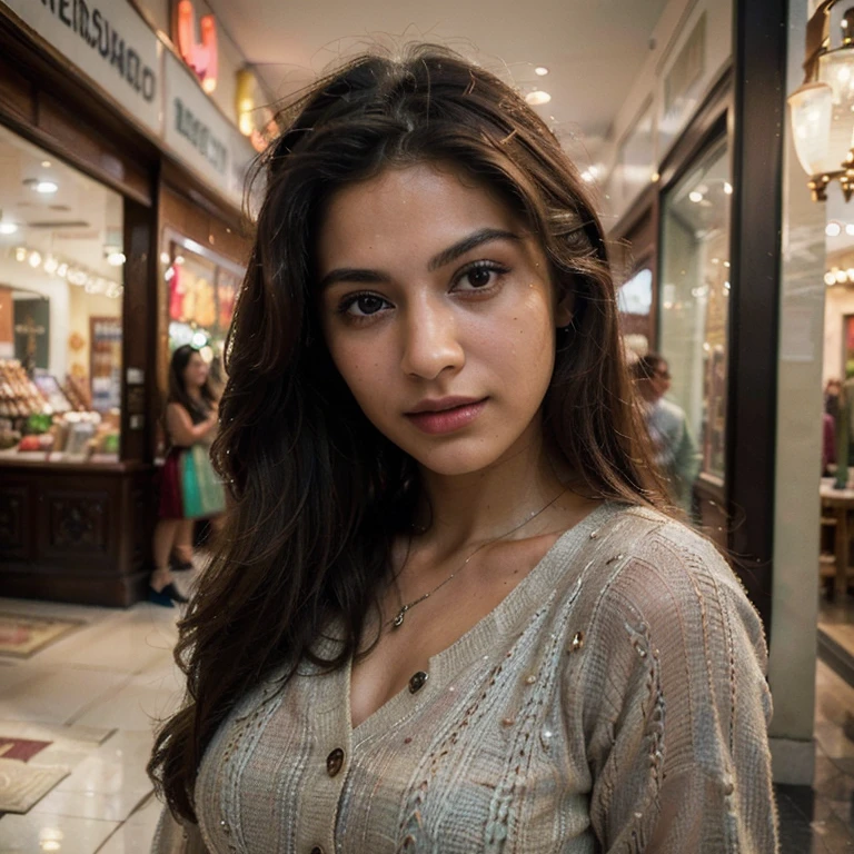 (Best quality, Ultra-detailed, Masterpiece:1.5), Photorealistic photograph of a beautiful pakistani woman at a shopping mall. The woman should have a flawless, highly detailed face (Highly Detailed Skin) with soft, luminous skin. Her long hair should be naturally brown and stylishly arranged. (Perfect Eyes:1.2). The scene should be rendered in muted, warm colors. The photography should feature high-quality film grain (ISO 400, 30mm lens RAW f1.8 aperture, highly detailed) to create the impression of analog photography (Analog Photography:1) with HDR colors. She is wearing stylish clothing. Her expression is happy, she is smiling