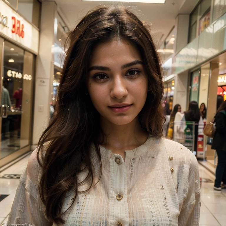 (Best quality, Ultra-detailed, Masterpiece:1.5), Photorealistic photograph of a beautiful pakistani woman at a shopping mall. The woman should have a flawless, highly detailed face (Highly Detailed Skin) with soft, luminous skin. Her long hair should be naturally brown and stylishly arranged. (Perfect Eyes:1.2). The scene should be rendered in muted, warm colors. The photography should feature high-quality film grain (ISO 400, 30mm lens RAW f1.8 aperture, highly detailed) to create the impression of analog photography (Analog Photography:1) with HDR colors. She is wearing stylish clothing. Her expression is happy, she is smiling