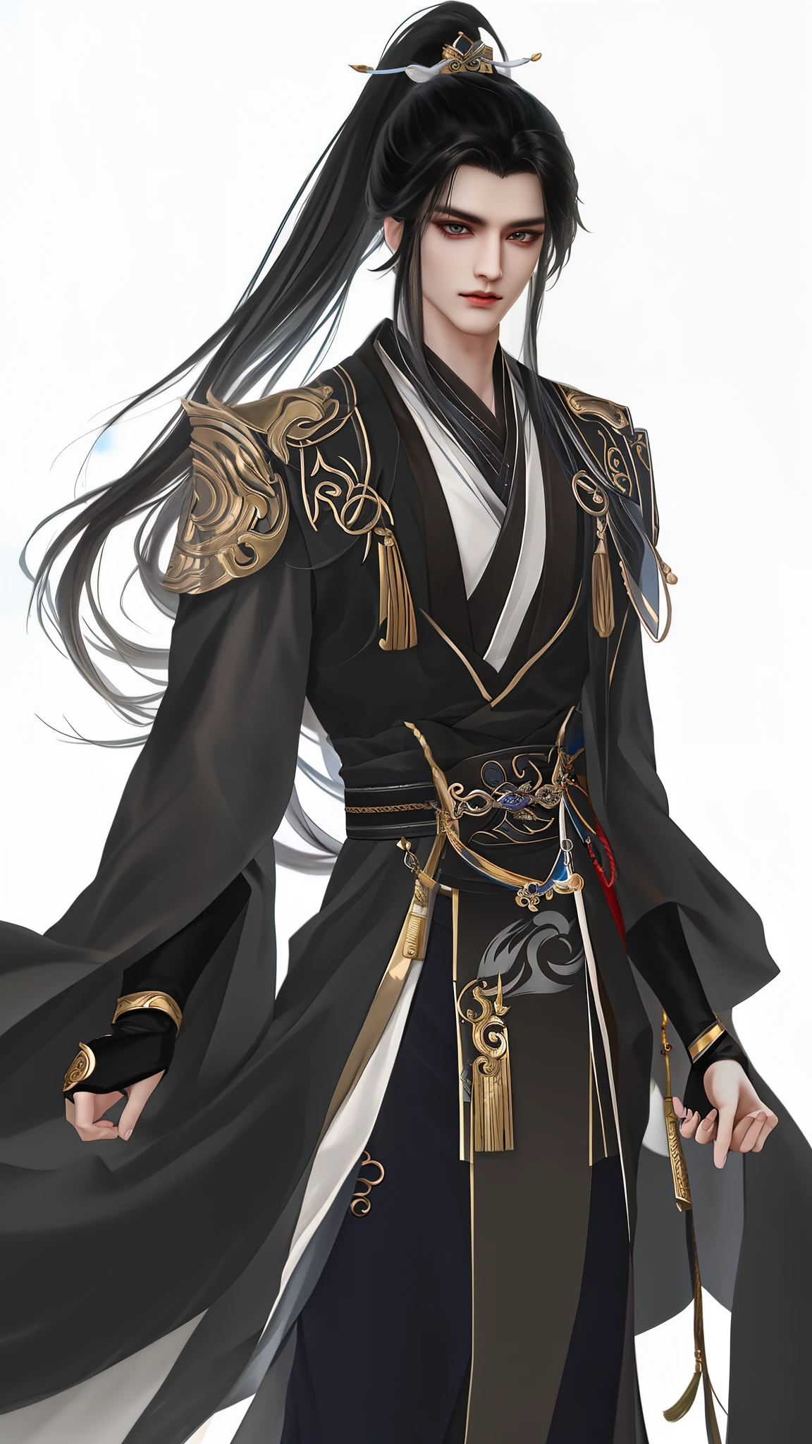man wearing brown and white clothes, Wallpapers,high ponytails,heise jinyao, The exquisite prince,xianxia, Inspired by Bian Shoumin, inspired by Guan Daosheng, full body xianxia, Beautiful prince, inspired by Zhang Han, inspired by Zhao Yuan,, flowing hair and long robes, (longer sleeves:1.2),Black narrow cuffs,Cuff design,robe,zhao yun, xianxia hero,white backgrounid,Eye focus,a sharp gaze,A high resolution,tmasterpiece,Best quality,32K,fix the hand,