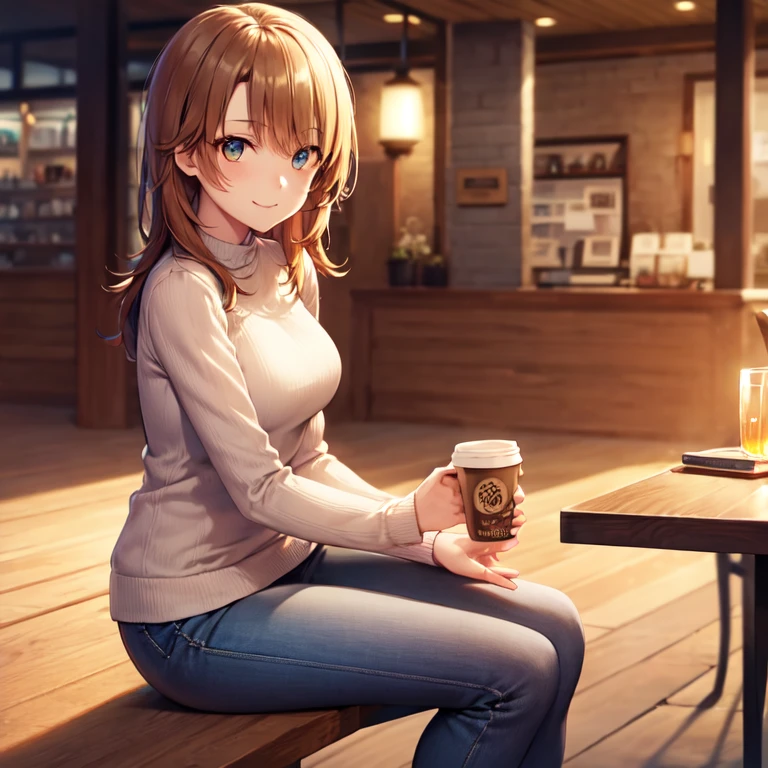 masutepiece, High quality, Best Quality, High resolution, 4K, High Definition, Beautiful lighting, Highly detailed face, well-drawn hands, well-drawn legs, well-drawn feet, (((well-drawn eyes))),Isshiki Roha, Long hair, brown haired, ,Brown-eyed, Larger sweater, skinny pants,a smile, Solo,Black Pin Heels,tea shop,Sit on a chair and drink coffee