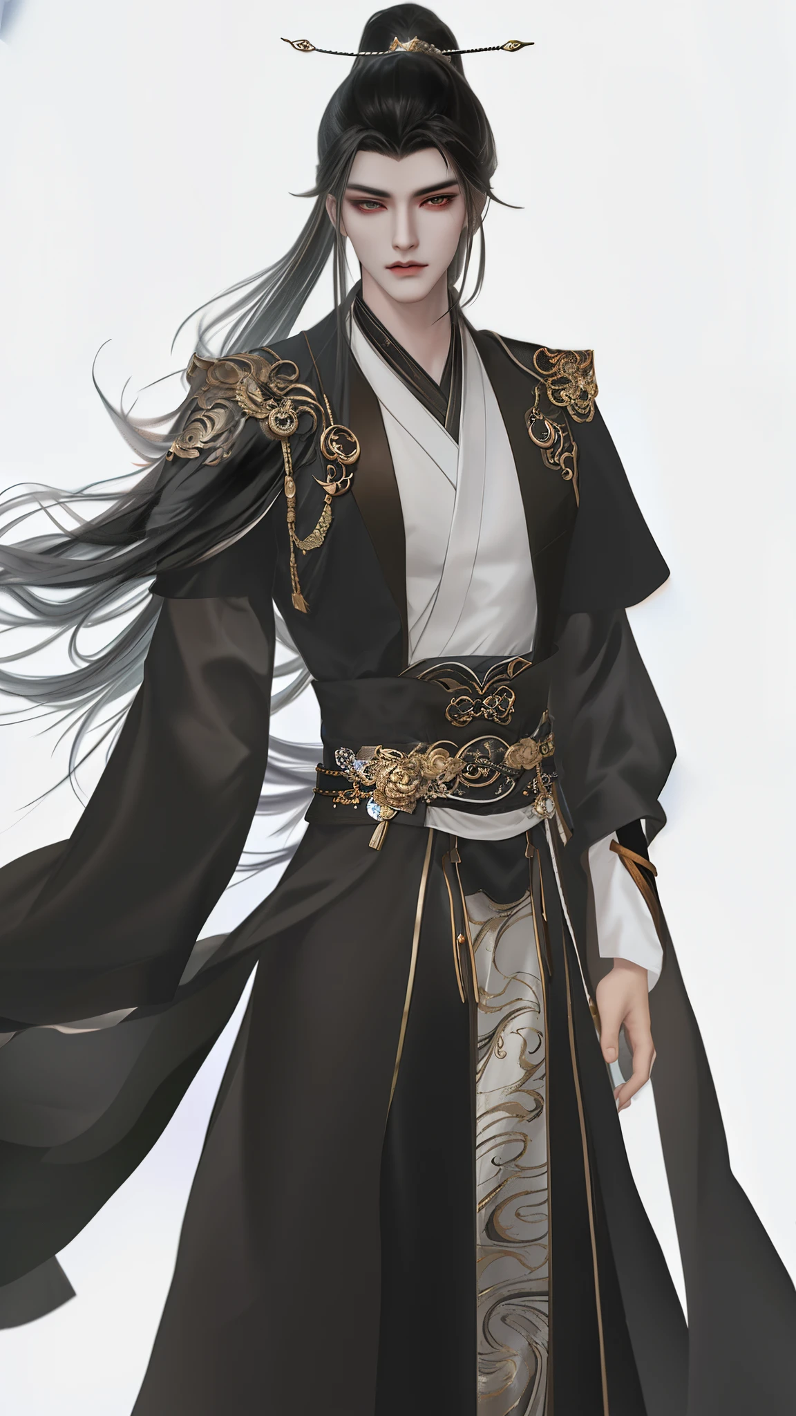 man wearing brown and white clothes, Wallpapers,high ponytails,heise jinyao, The exquisite prince,xianxia, Inspired by Bian Shoumin, inspired by Guan Daosheng, full body xianxia, Beautiful prince, inspired by Zhang Han, inspired by Zhao Yuan,, flowing hair and long robes, (longer sleeves:1.2),Black narrow cuffs,Cuff design,robe,zhao yun, xianxia hero,white backgrounid,Eye focus,a sharp gaze,A high resolution,tmasterpiece,Best quality,32K,fix the hand,