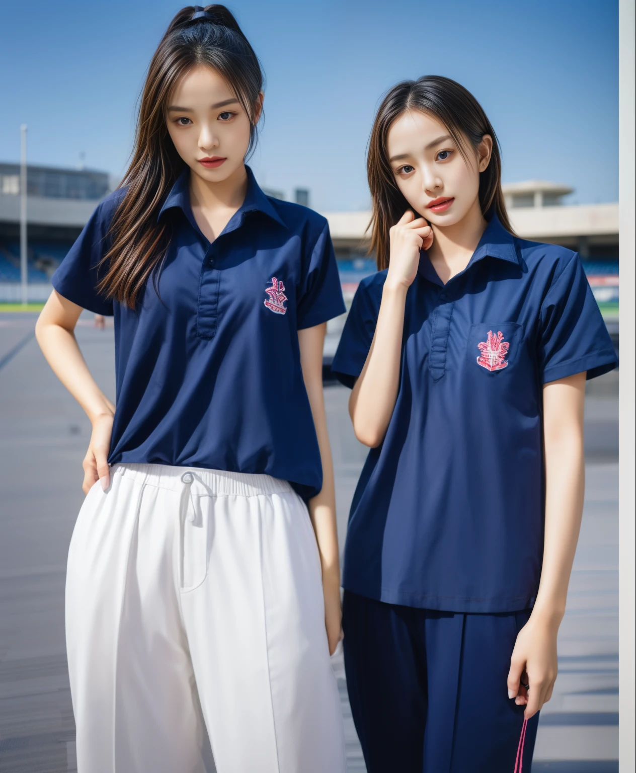 (bestquality,10,10,highres,masterpiece:1.2),ultra-detail,(Realistic,photorealistic portrait,photo-realistic:1.37),1 Cute girl in the football field,oily shiny skin,bara,light smile,BDclothelue shirt:1.3)),short sleeves,shirt, trousers.,(navy_long_Pants Track:1.1), ((Stadium Background:1.3)),dynamic angle,excited,face focus,Dynamic Poses,from behide,Ass Focus,masterpiece, bestquality, ultra realistic, hyper-detail, 8k resolution, RAW photo, crisp focus, ((Navy blue shirt:1.1)), short sleeves, Long Path, Perfect body, 2 mature women, 18yo, cinematic light,Blue sweatpants,Gymware,Correct anatomy,Complete body, Correct body, sharp face, Anatomically correct body, full entire body, Realistic gestures, long-haired, Realistic poses,Wear long shorts.......................................,Long leg span,Shapely,Sculpting Girl, Slender Figure, mannequin mannequins, Shapely, Beautiful body,Blue sweatpants, Two girls kissing