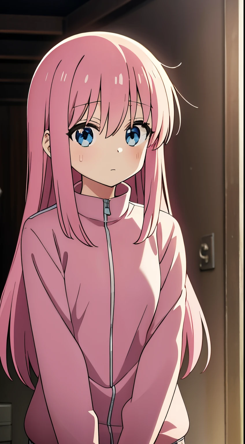 gotou hitori, anime sytle beautiful woman, solo, pink jacket, track jacket, bangs, hair between eyes, pink hair, long sleeves, upper body, sweatdrop, happy, red face, cowboy shot, first person view, large breasts, ((best quality, highres, highest quality, high resolution, perfect pixel)), (detailed eyes, anime eyes style, beautiful eyes)