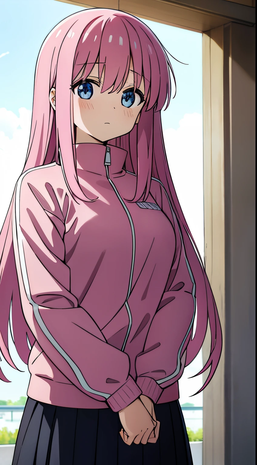 gotou hitori, anime sytle beautiful woman, solo, pink jacket, track jacket, bangs, hair between eyes, pink hair, long sleeves, upper body, sweatdrop, happy, red face, cowboy shot, first person view, large breasts, ((best quality, highres, highest quality, high resolution, perfect pixel)), (detailed eyes, anime eyes style, beautiful eyes)