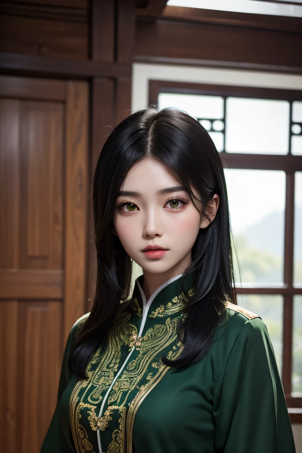 a girl with medium hair, green and black hair, looking forward, beautiful face, masterpiece, best quality, asian clothing, korean girl, green eyes, masterpiece, portrait