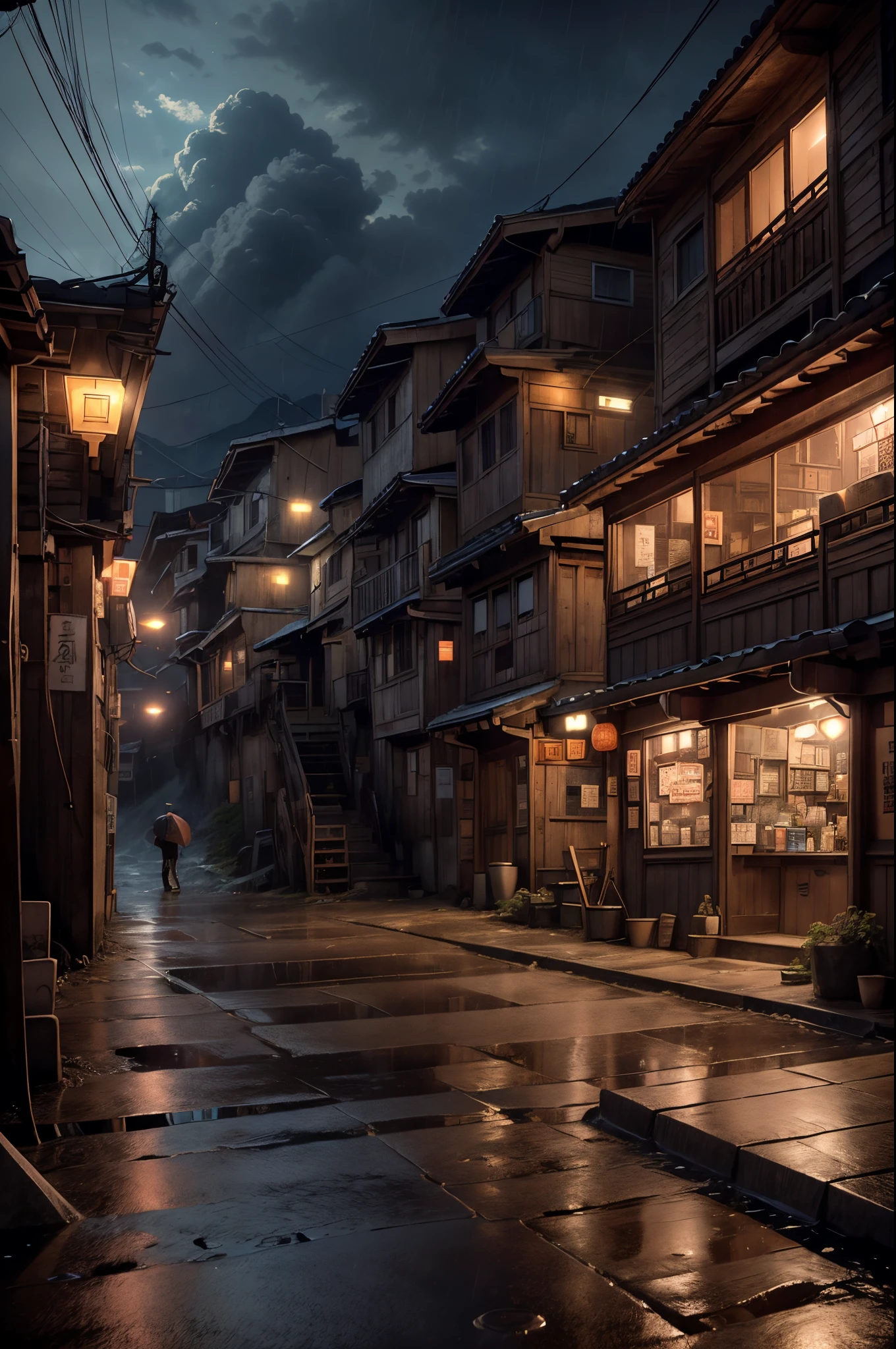 Feder village view,a lot of lights on the buildings,A dreamy Chinese town built on the mountain,China Village,Stunning wallpapers,Japanese mountain town,Japan Village,surreal photo of a small town,old asian village,(The distant sky covered with dark clouds),Japan city,Raymond Han,rainy evening, Cyberpunk ancient Chinese castle, well-lit building, Late afternoon,in the rain, Beautiful and beautiful, photography of, 电影灯光, 8K, high detal ((heavy rain poured)))