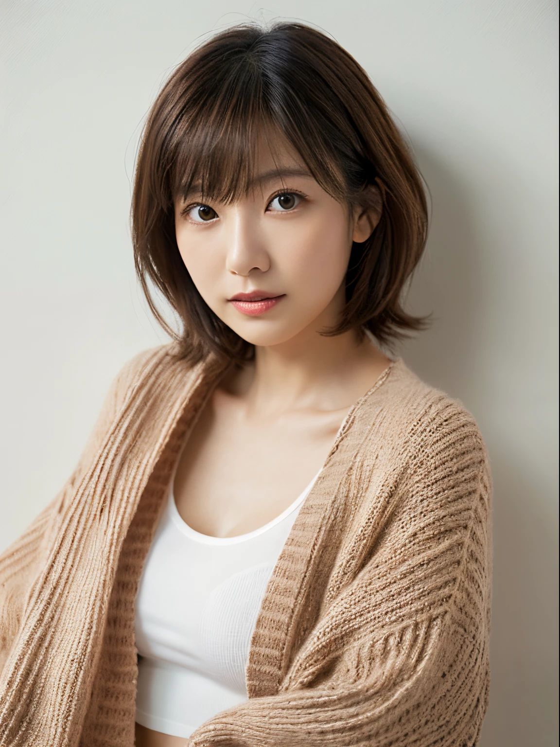 ((masutepiece,top-quality)), (photographrealistic:1.4),((masutepiece,8K)),hight resolution,Studio Soft Light, Rim Lights, vibrant detail, realistic skin textures,Japanese, 1 beautiful woman, Short hair, Wave hair, faint thin bangs, make - up, 38 years, Detailed skin, cardigan, wide-leg pants, White background, White Room,white walls, fully body photo, Looking at Viewer