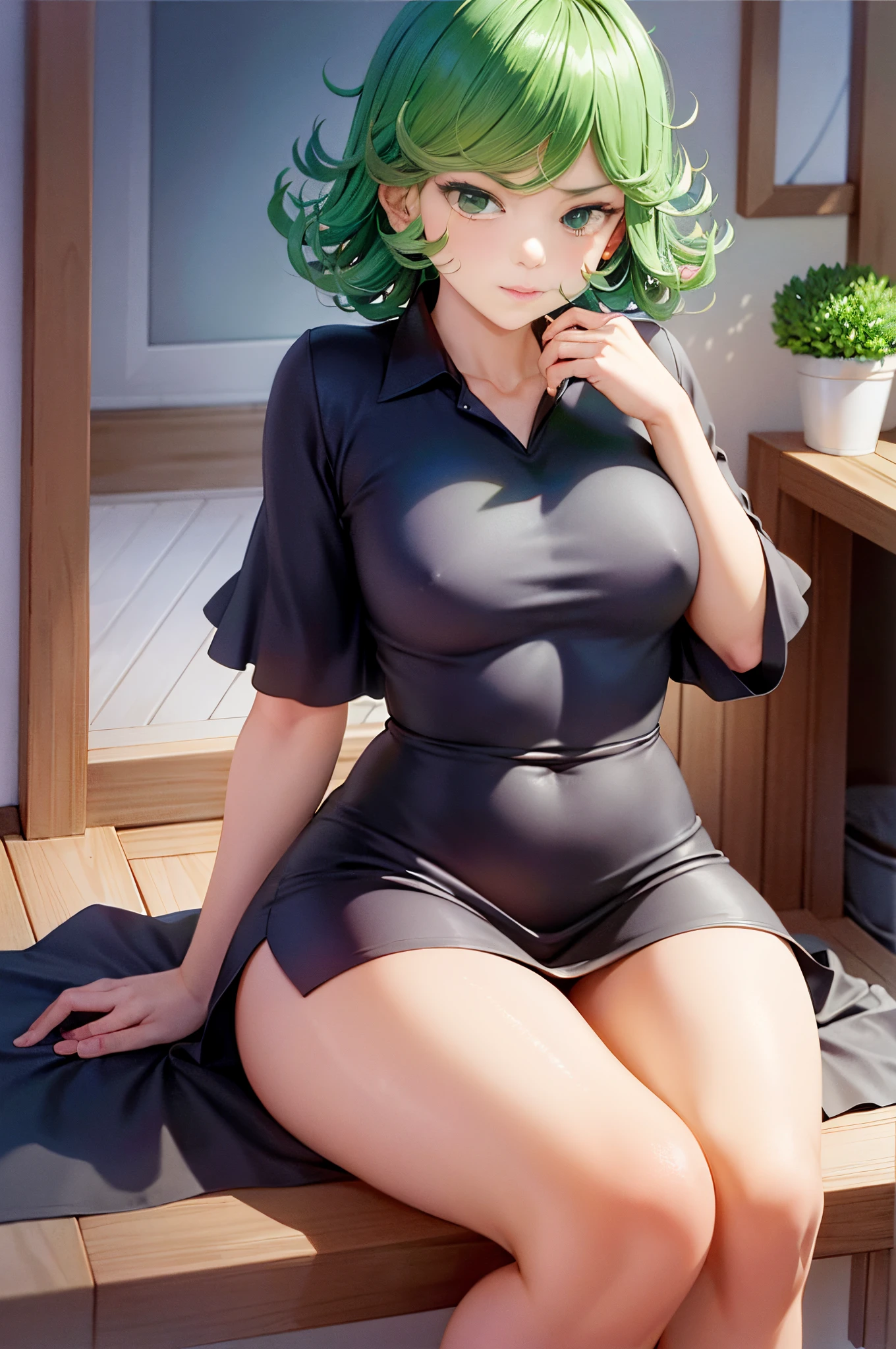 (Masterpiece, Best Quality:1.2), 独奏, 1girl, tatsumaki, unamused, closed mouth, looking a viewer, hand on our face, sitting, Short black short dress ,big thighs,crossing leg