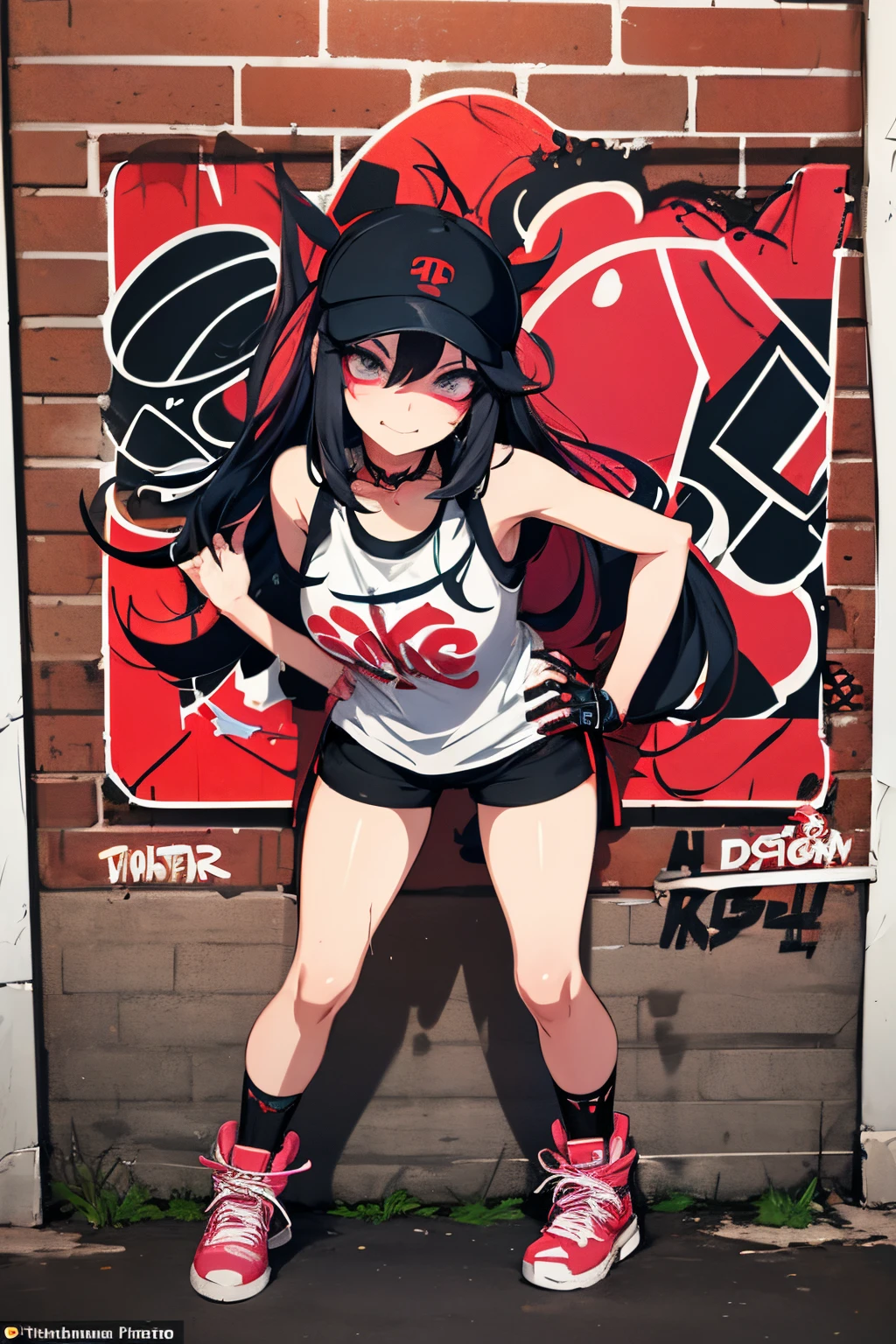 A graffiti art style sign, featuring an anime style girl in street fashion, biting a juicy minitomato, with a spray paint effect. The background is a brick wall with the shop name and slogan 'Fresh and delicious tomatoes' in graffiti letters.