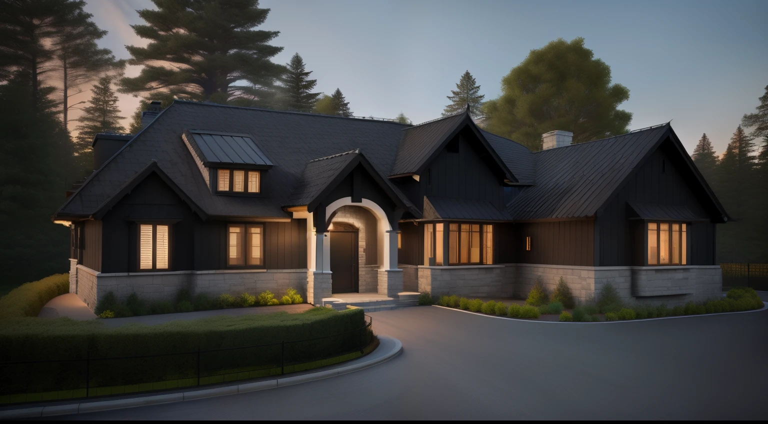 house with a black roof and a black metal roof, rendered 3d model, pre-rendered, with 3 d render, with 3d render, fully detailed render, 3 d rendering!, professional render, 3d rendering!, front view dramatic, detailed rendering, detailed render, 3d rendering, 3 d rendering, 3d rendered model, vue 3d render, green lawn, forest in background, white stucco siding, stone siding, dark siding, ivy on walls