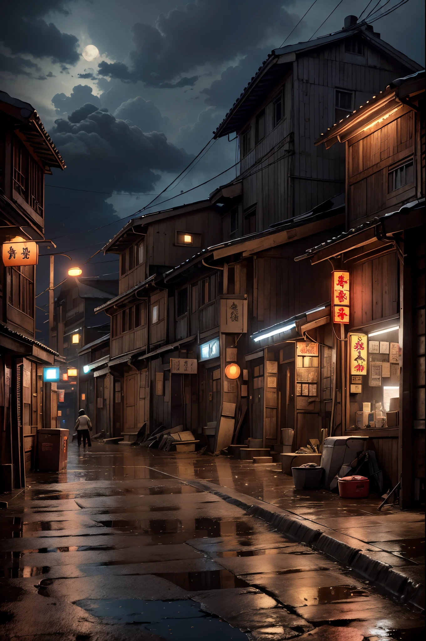 Feder village view，a lot of lights on the buildings，A dreamy Chinese town built on the mountain，China Village，Stunning wallpapers，Japanese mountain town，Japan Village，surreal photo of a small town，old asian village，(The distant sky  covered with dark clouds)，Japan city，Raymond Han，rainy evening, Cyberpunk ancient Chinese castle, well-lit building, Late afternoon，in the rain, Beautiful and beautiful, photography of, 电影灯光, 8K, high detal ((heavy rain poured)))